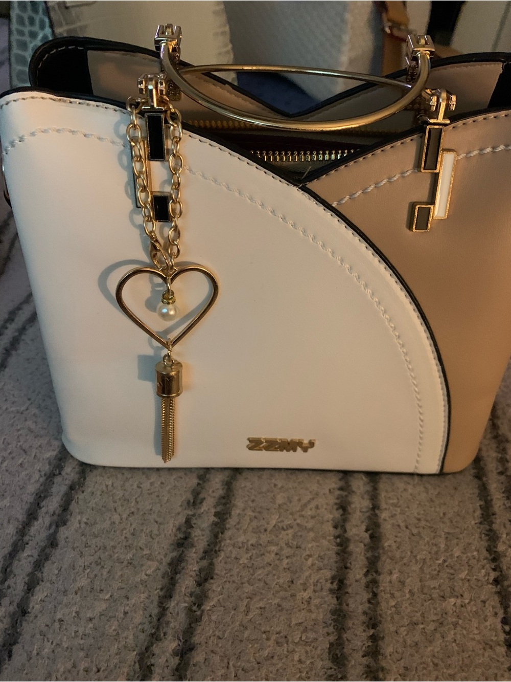 ZZMY Two-Tone White & Tan Mini Handbag with Gold Heart Charm . Vegan leather